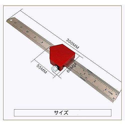 木工ケガキ工具セット マグネット付き ルーラーストップ & ステンレスルーラー 45度・60度・90度 (CX300-2)背面とサイズ