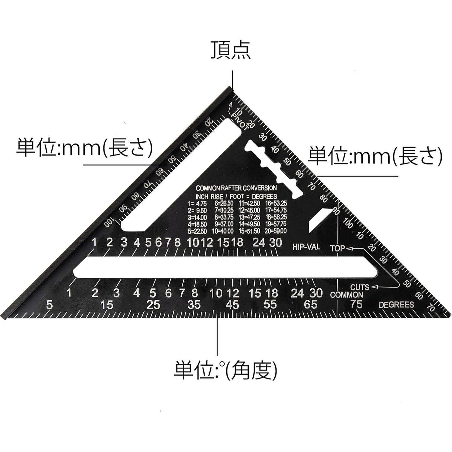 CarAngels 木工用三角定規  両面目盛り アルミ合金 45度ケガキ工具 0-90度