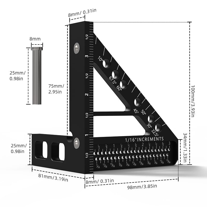 木工三角定規 ケガキゲージ 直角定規 高精度 1/16インチ 穴間隔 45度/60度/90度 多機能ケガキ工具ピン付き　サイズ